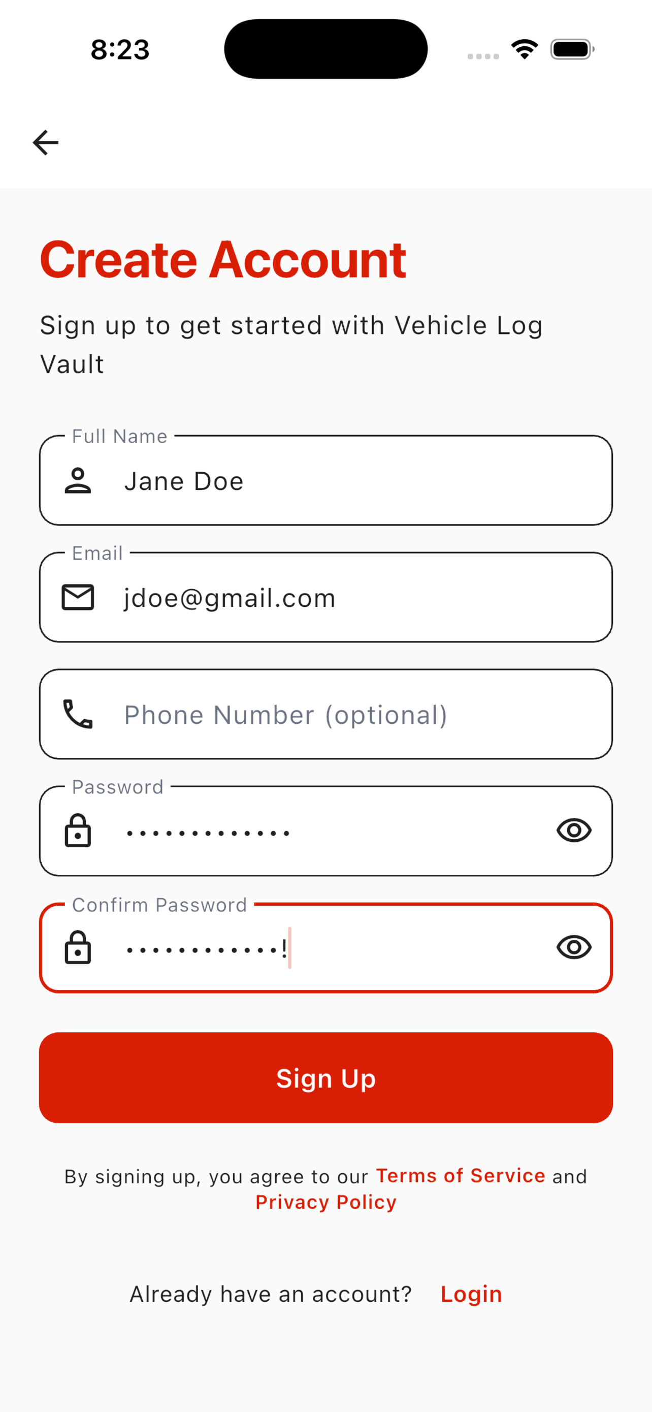 Create account screen