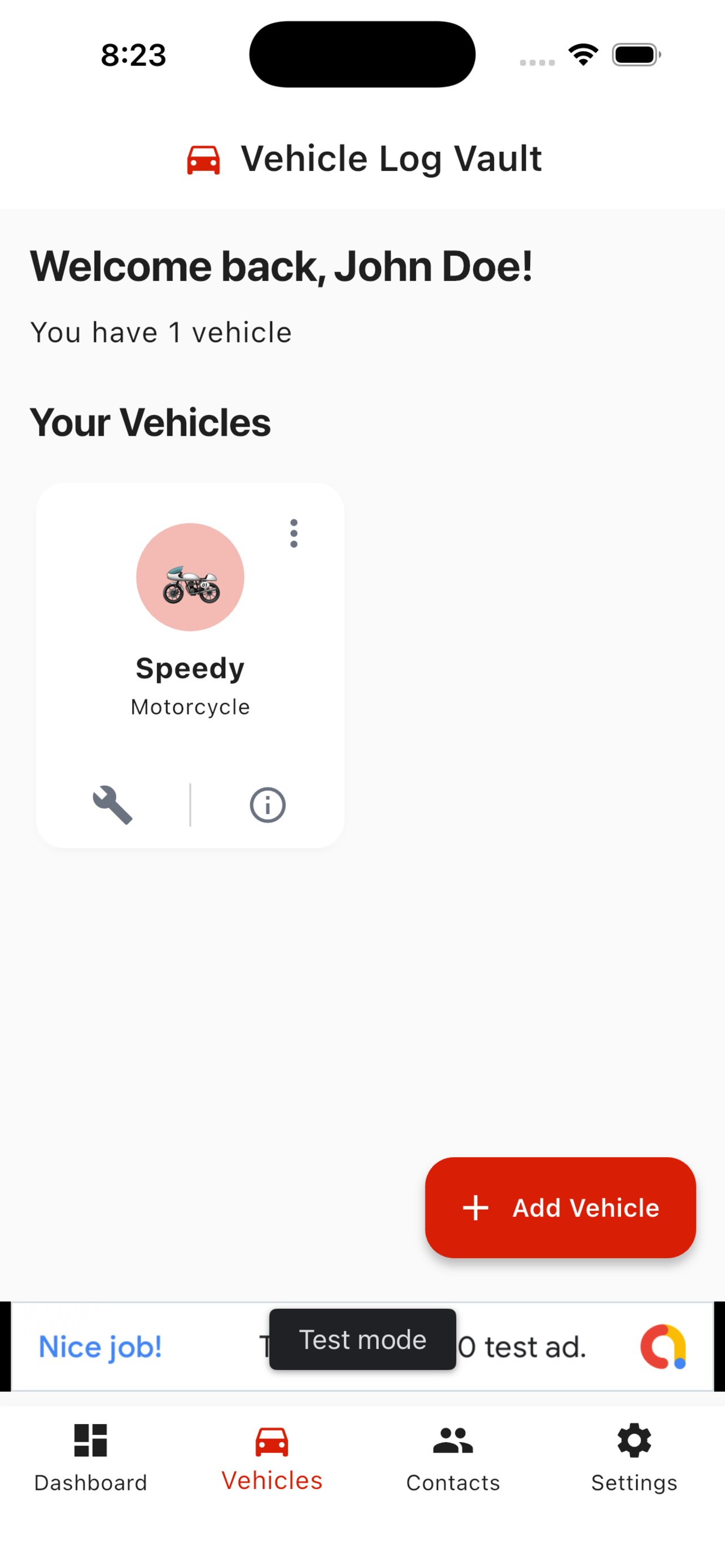 Vehicle dashboard showing all vehicles