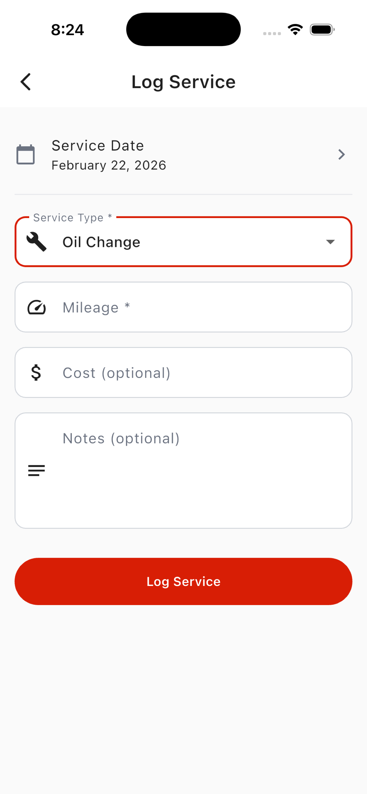 Log a service record with cost and mileage
